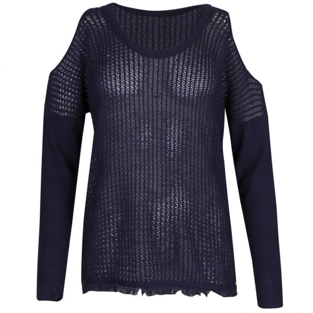 Womens Deep Blue Cold Shoulder Knitted Jumper