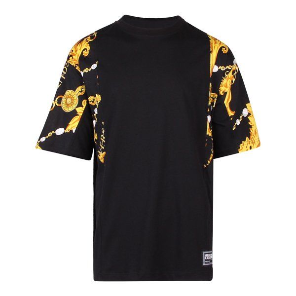 Mens Black/Gold Print Chain Detail S/s T Shirt