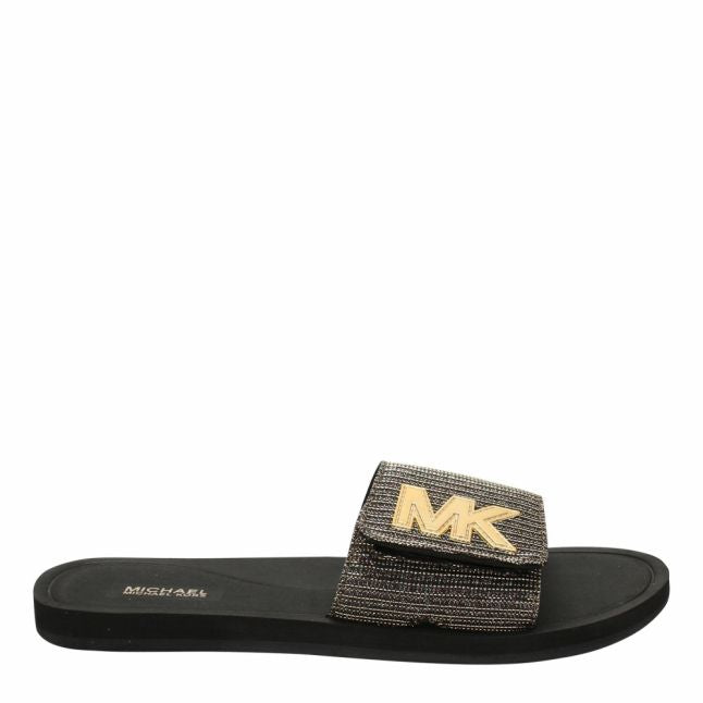 Womens Black/Gold Glitter Mesh Slides