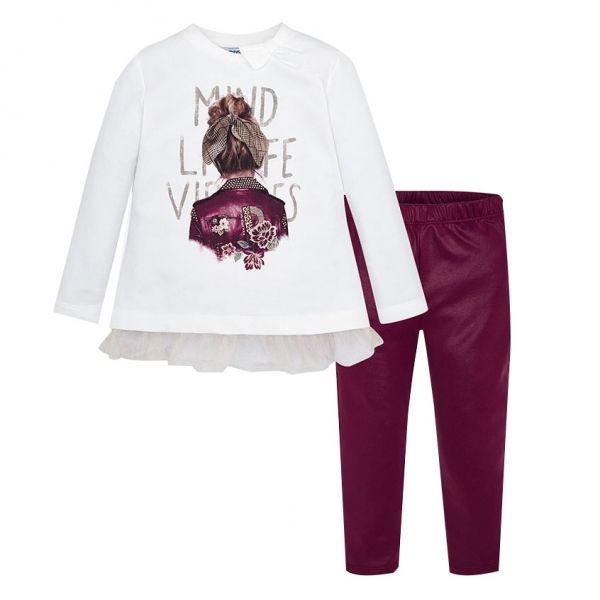 Girls Natural/Ruby Floral Girl L/s T Shirt & Leggings Set