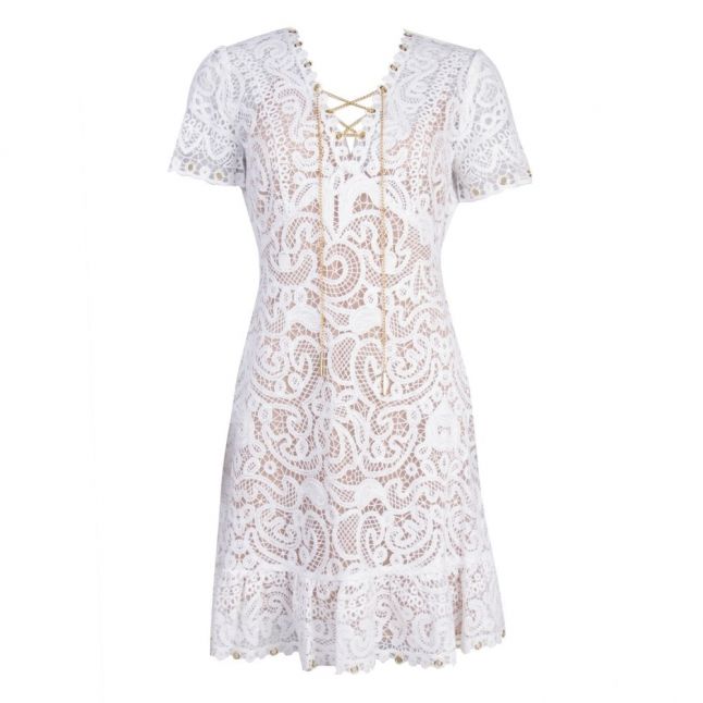 Womens White Embellished Mesh Lace Dress