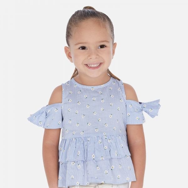 Girls Blue Daisy Stripe Off-Shoulder Top