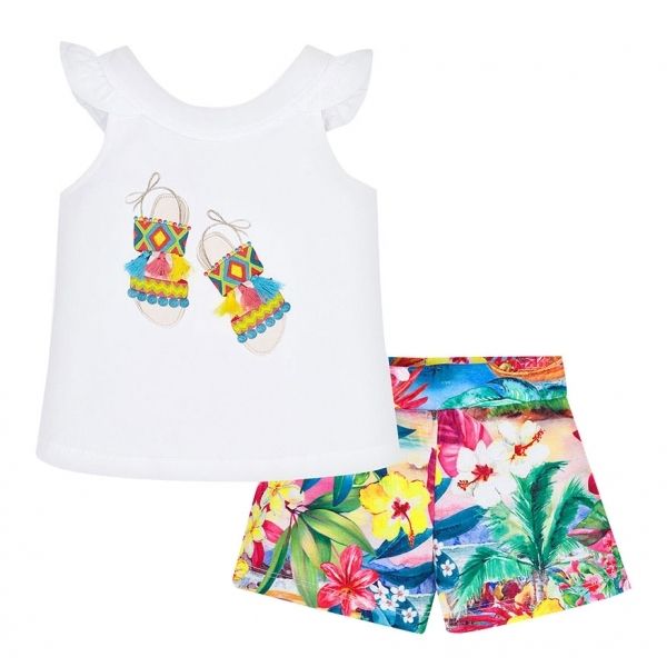 Girls White/Pink Tassel Sandals Tank & Shorts Set