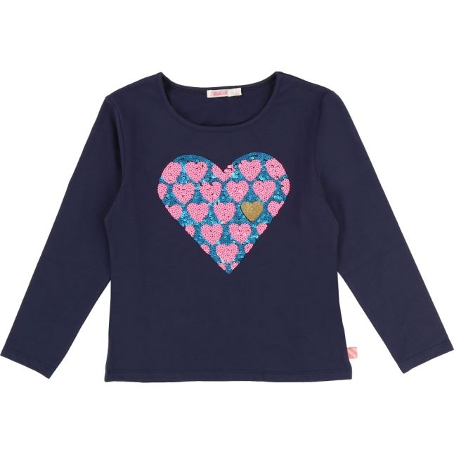 Girls Navy Sequin Heart L/s T Shirt