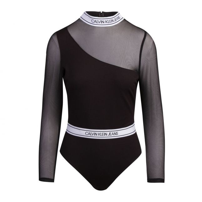 Womens Black Asymmetrical Logo Bodysuit