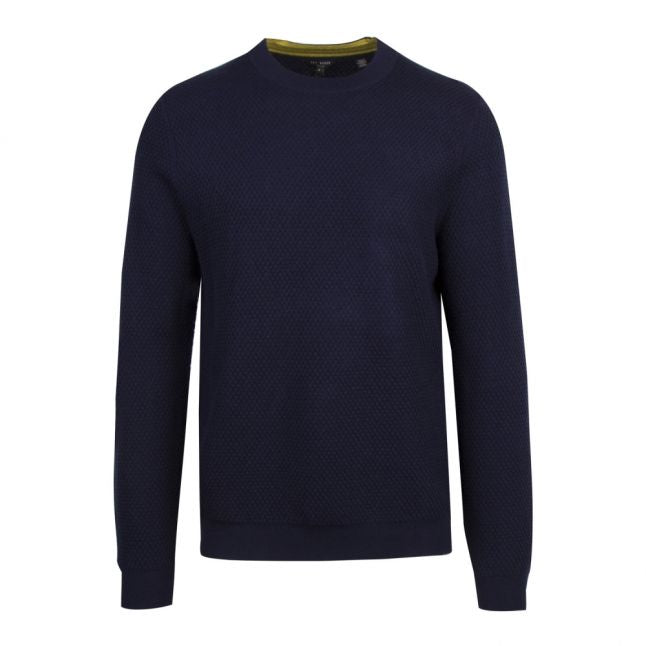 Mens Navy Seer Textured Crew Knitted Jumper