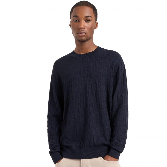 Mens Navy Lettering Crew Neck Knit