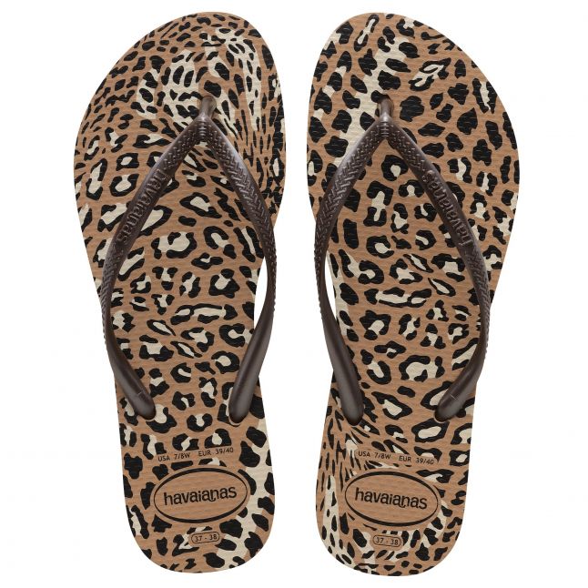 Womens Rose Gold/Café Slim Animals Flip Flops