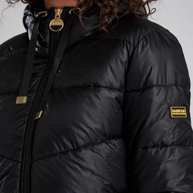 Womens Black Brace Hooded Quilted Jacket