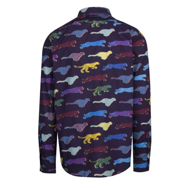 Mens Navy Multi Cheetah Print Tailored L/s Shirt