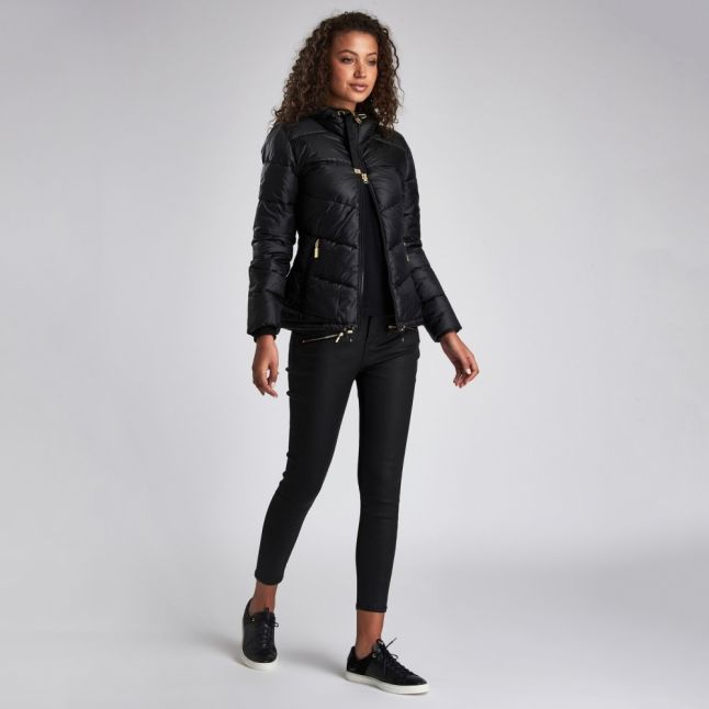 Womens Black Brace Hooded Quilted Jacket