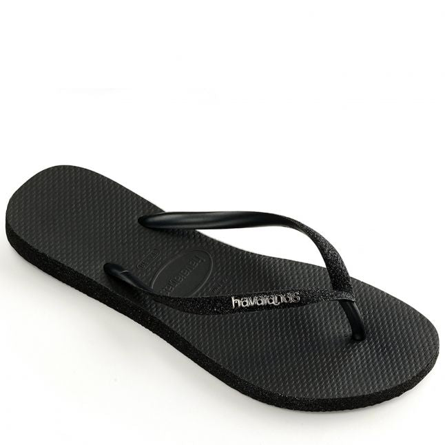 Womens Black Slim Sparkle Flip Flops