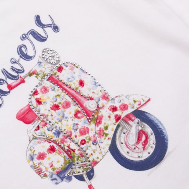 Girls White Flowers & Scooter S/s T Shirt