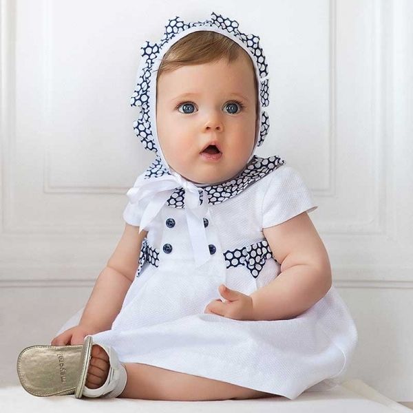 Baby Nautical White Spot Trim Dress & Hat Set