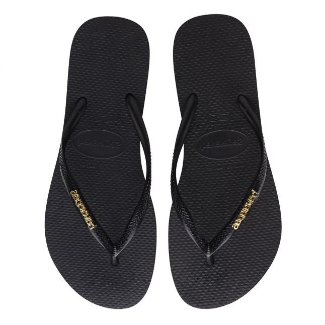 Womens Black/Gold Slim Logo Metallic Flip Flops