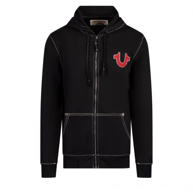 Mens Jet Black Cross Stitch Zip Hoodie