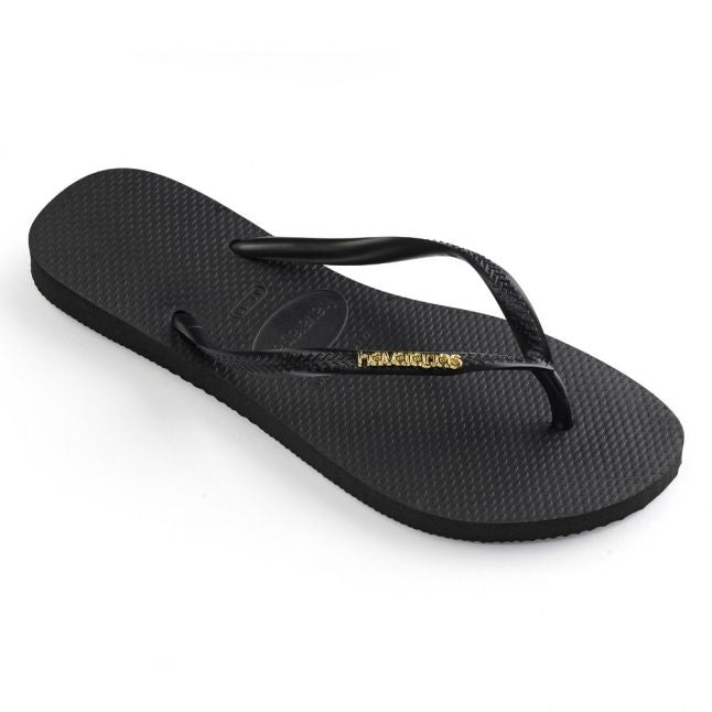 Womens Black/Gold Slim Logo Metallic Flip Flops