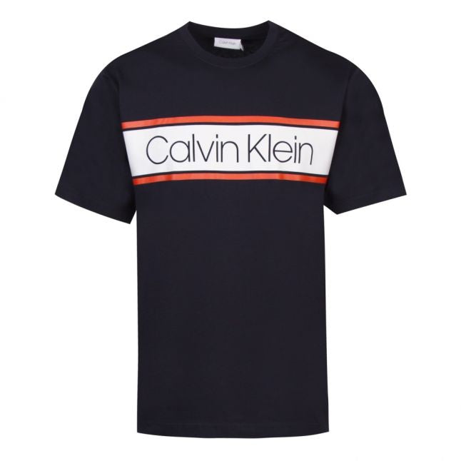 Mens Navy Text Stripe Logo S/s T Shirt