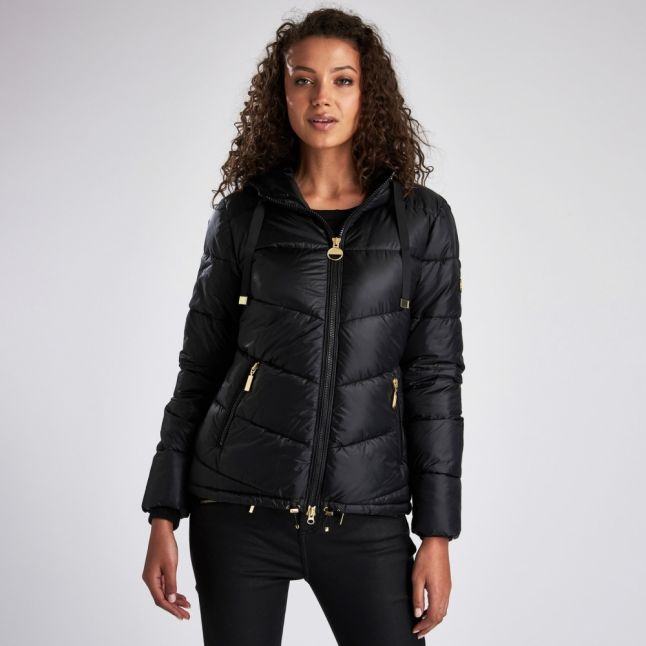 Womens Black Brace Hooded Quilted Jacket