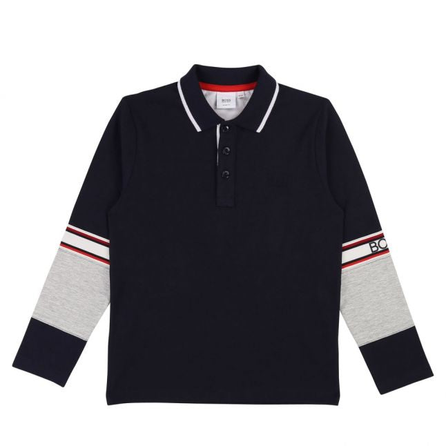 Boys Navy Stripe Sleeve Detail L/s Polo Shirt