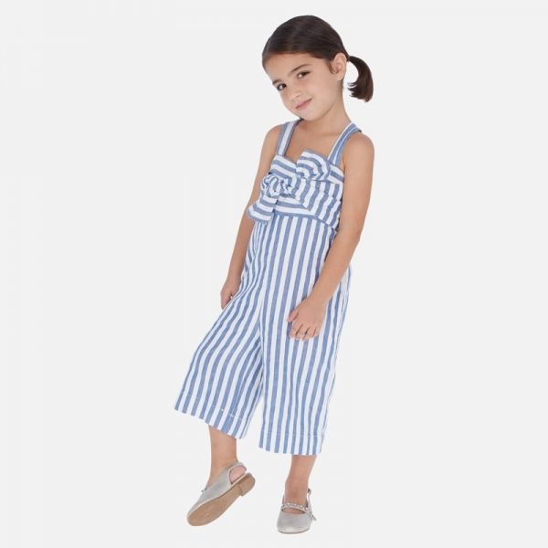 Girls Blue Stripe Bow Jumpsuit