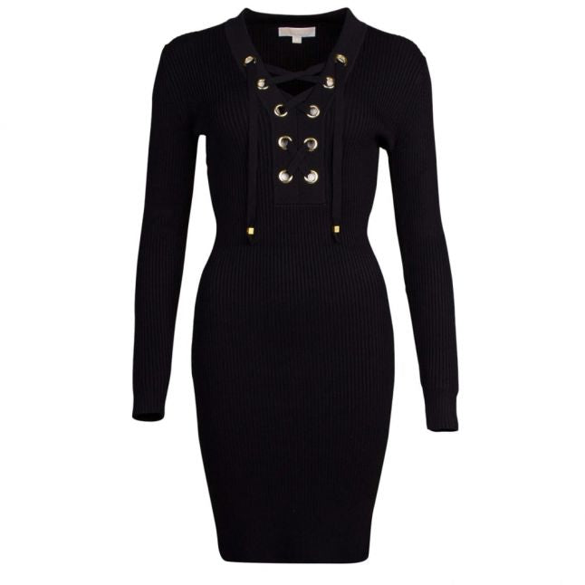 Womens Black Lace Up Rib Dress