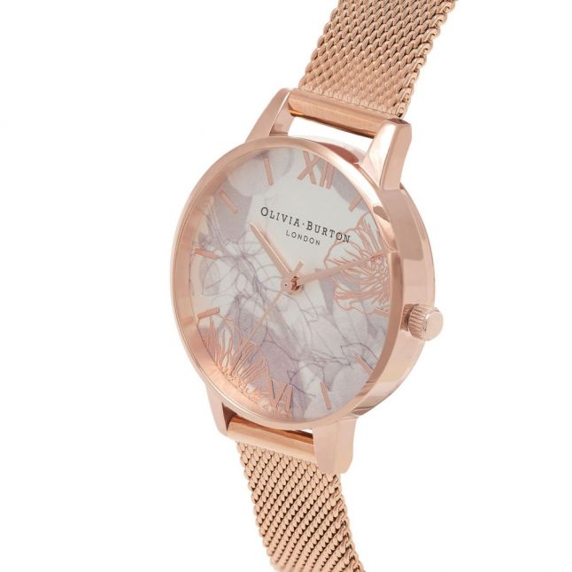 Womens Rose Gold Abstract Florals Mesh Watch