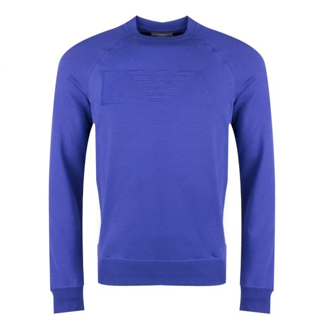 Mens Blue Embossed Logo Crew Sweat Top