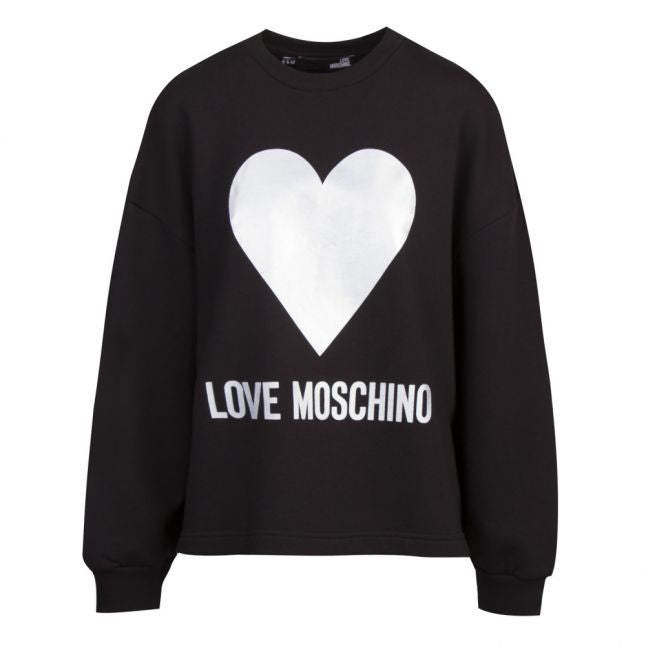 Womens Black Shiny Heart Oversized Sweat Top