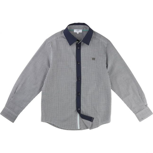 Boys Navy Print Trim L/s Shirt