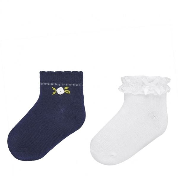 Infant Navy/White Frill & Flower 2 Pack Socks