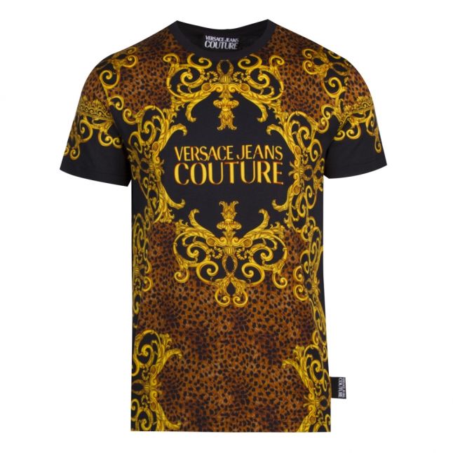 Mens Black Leo Baroque Print Slim Fit S/s T Shirt