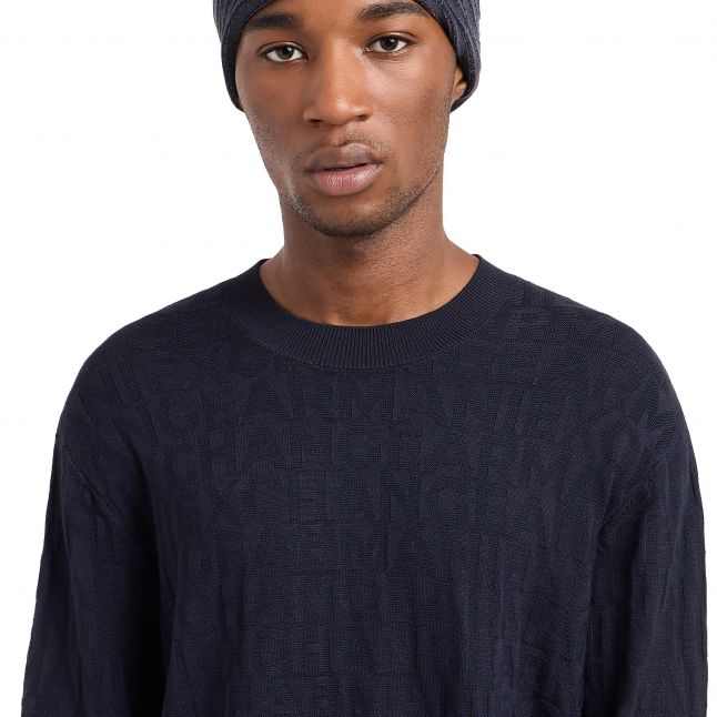 Mens Navy Lettering Crew Neck Knit