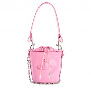 Womens Pink Enamel Orb Kitty Shiny Leather Bucket Bag